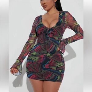 FashionNova Mariposa Colorful Butterfly Print Mesh Mini Sexy Dress Sz L